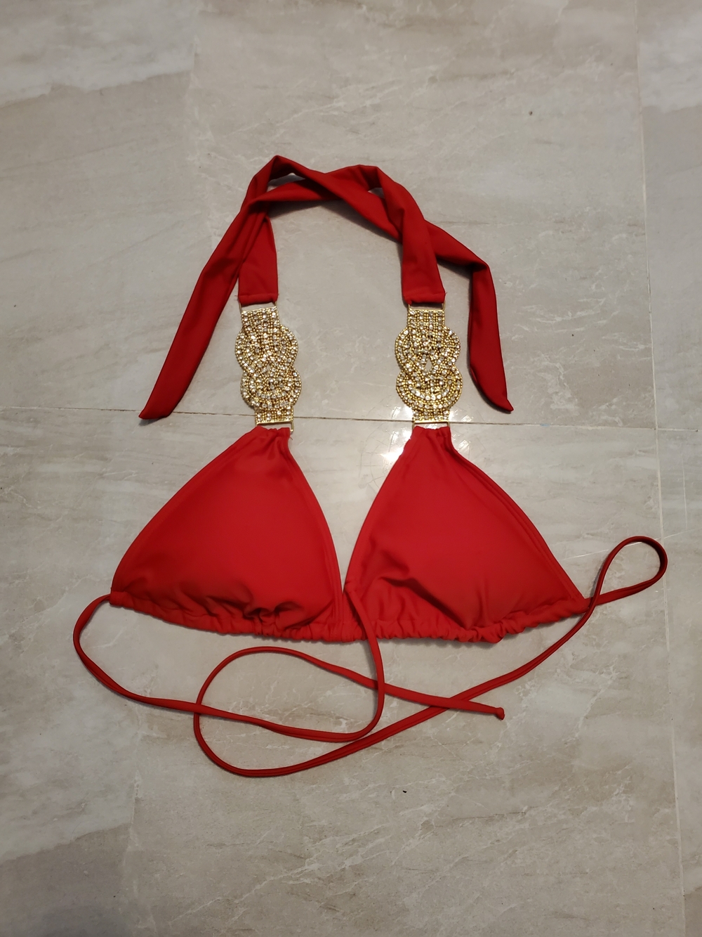 Red Halter Bikini Top with Gold Decorative Accents - Women Swim